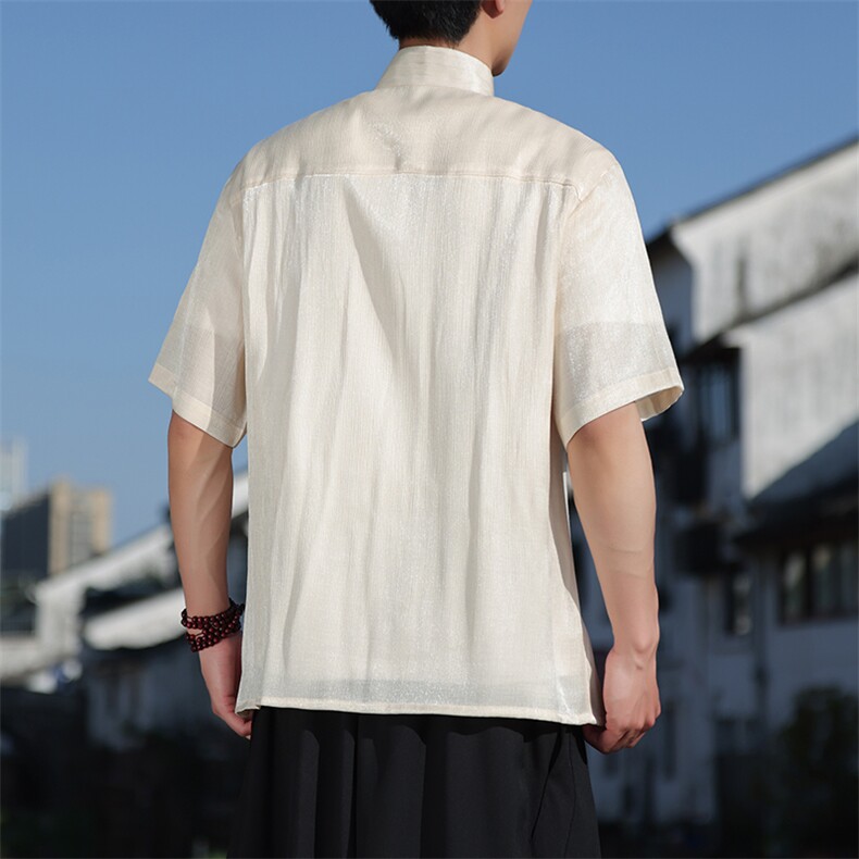 宽松风条纹褶皱轻薄透气亮面夏季休闲盘扣立领短袖衬衫30507,男装衬衫,星座305A（原312A-1）