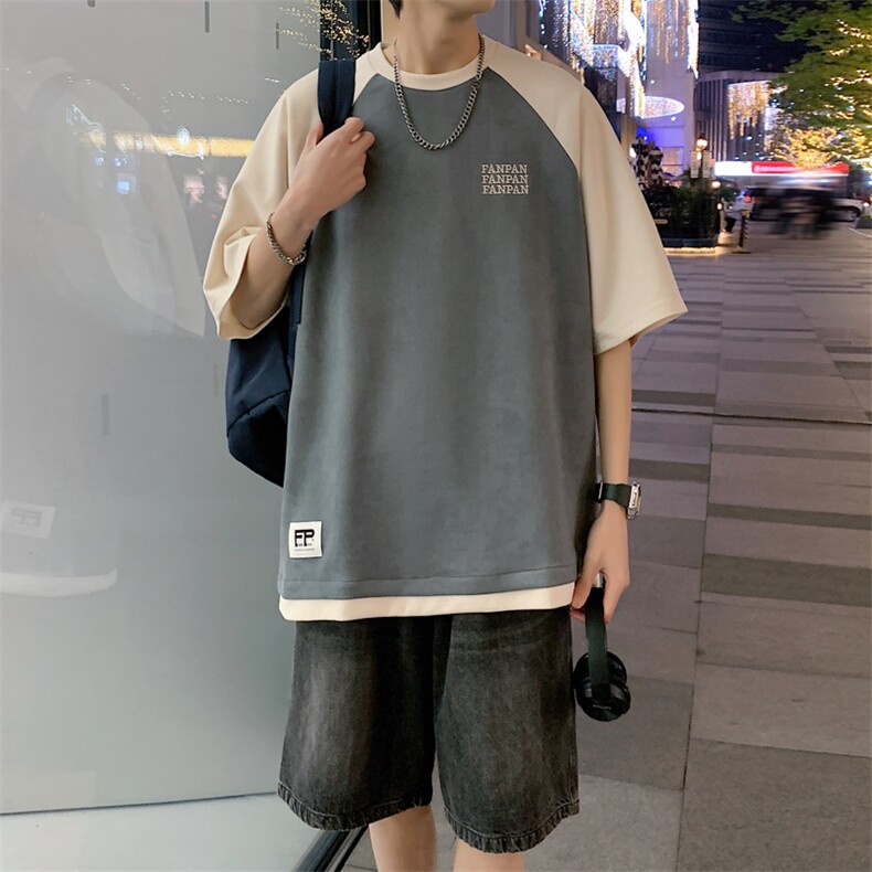 2026夏装男圆领拼色拼接麂皮绒五分袖短袖T恤T800/P35灰色8,男装T恤,电商A094