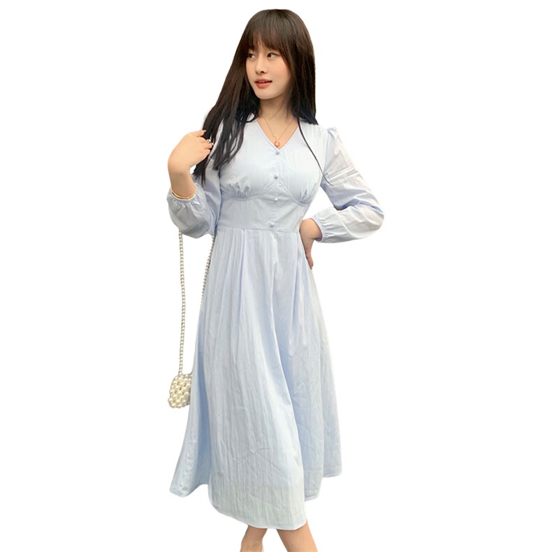 现货2024年春季新款女时尚淑女V领修身网红中长款连衣裙,女装连衣裙,煊芮熙