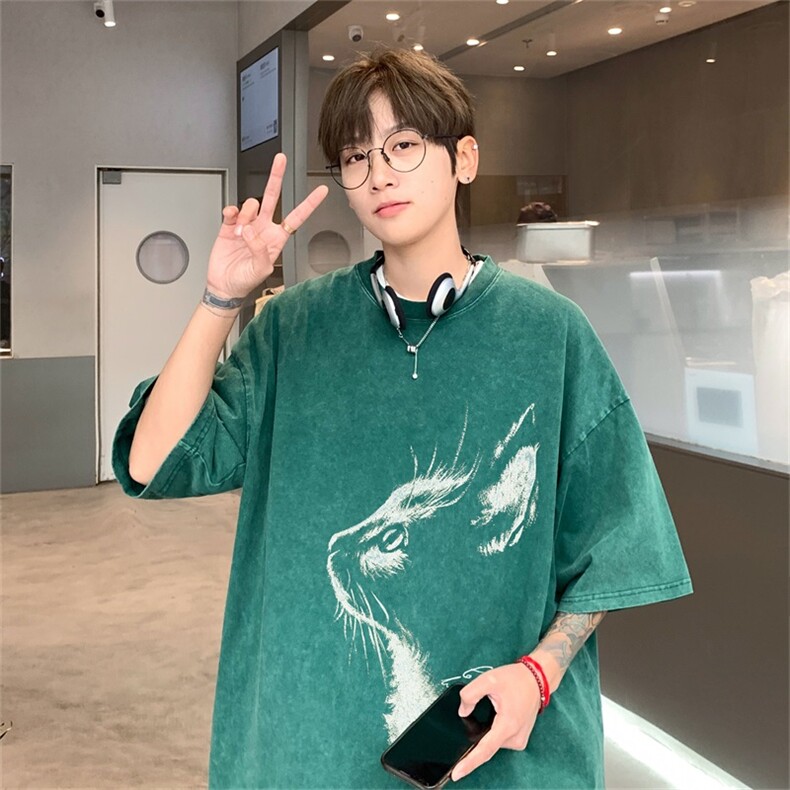 重磅蜡染克美式复古水洗潮牌发泡印花短袖男，男装T恤，电商A028