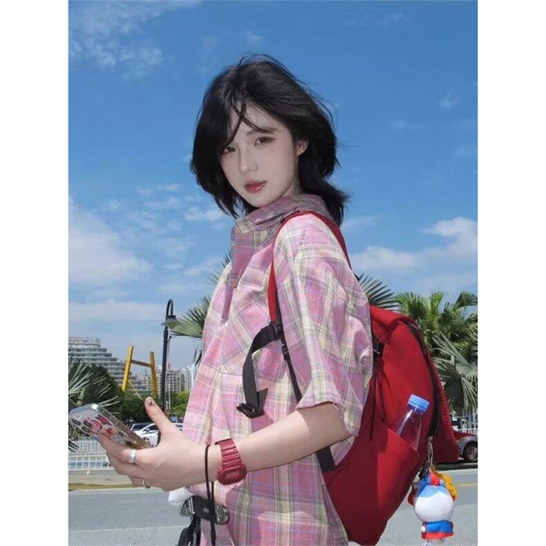 夏复古简约撞色格纹短袖衬衫男女宽松休闲防晒衬衣外套C7009,男装防晒衣,星座1116A（原606A-3）