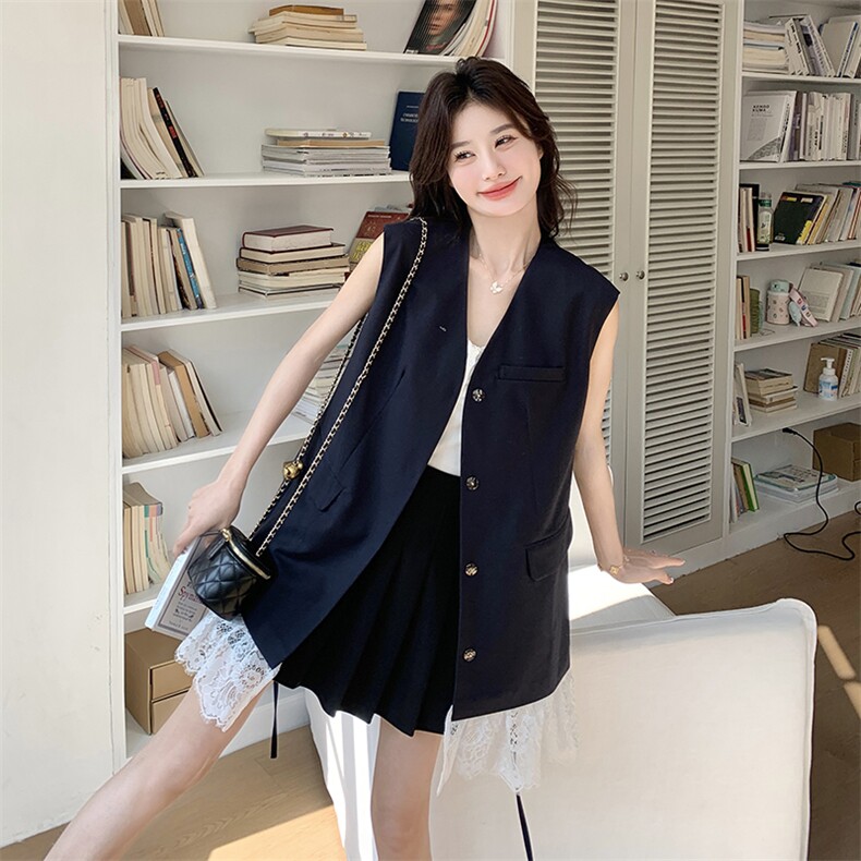 藏青色蕾丝拼接减龄西装裙女2025夏季新款韩版休闲显瘦气质连衣裙,女装连衣裙,浙宝276（原081）