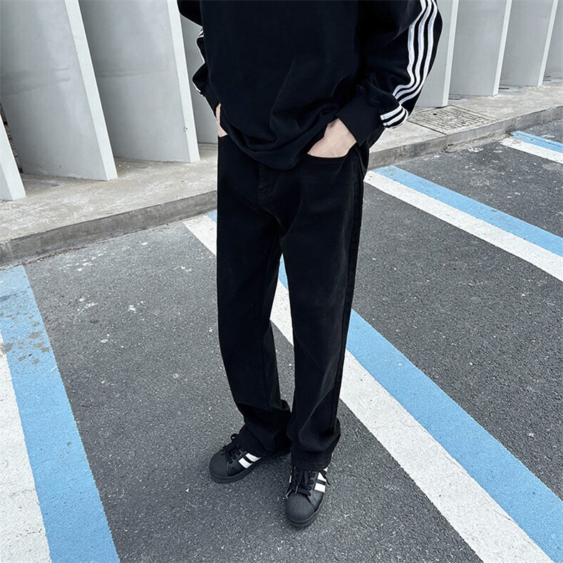 黑色TP22微辣弹力直筒中高腰长裤阔腿裤2025年春季男装牛仔裤合体图片