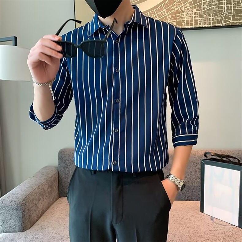 百搭衬衫标准简约ins条纹春季潮男原宿新款七分袖潮流C156-5,男装衬衫,星座1116A-2（原606A-1）