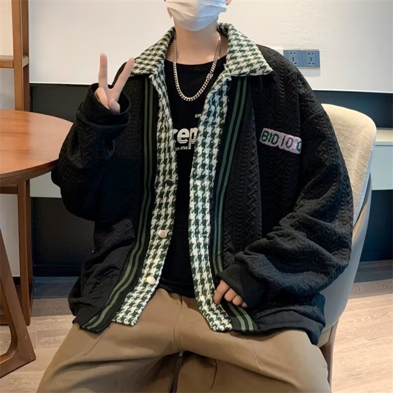 千鸟格开衫假两件外套男女棒球服宽松慵懒风秋季潮牌夹克9345-p60图片