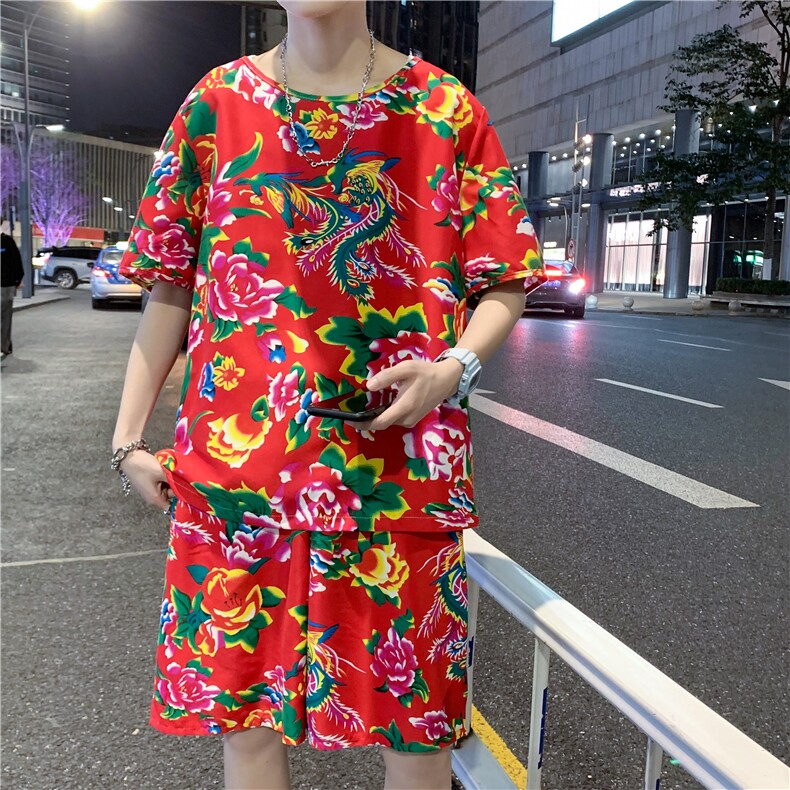 TZ203男女休闲东北大花短袖圆领T恤衫短裤可套装单选团队服风,男装休闲套装,星座115A(原星座507）