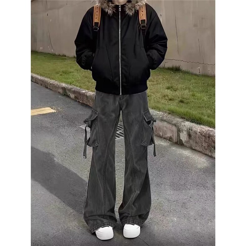 春季高街复古工装多口袋牛仔裤男女新款直筒微喇裤子LA4100-P58,男装牛仔裤,星座1008