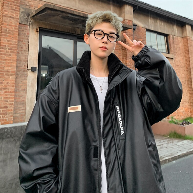 新款贴标PU皮立领棉服男加棉加厚机车服皮衣外套M91特P100控178，男装皮衣，电商A001