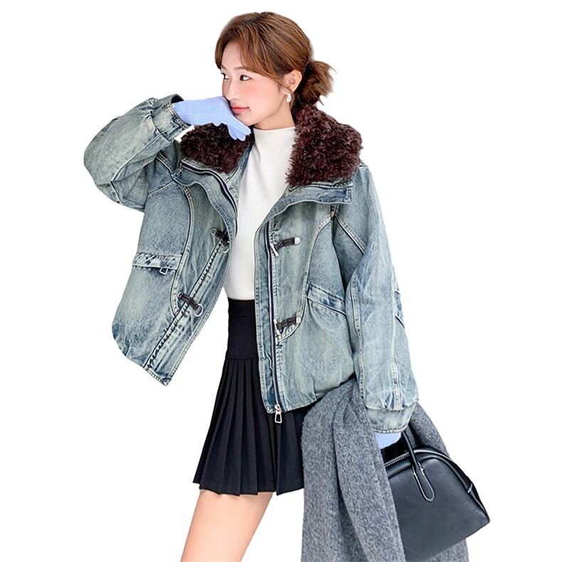 淡人蓝色羊羔毛翻领牛仔棉服女冬季2025年设计感时髦保暖休闲棉衣,女装棉衣/棉服,2D078
