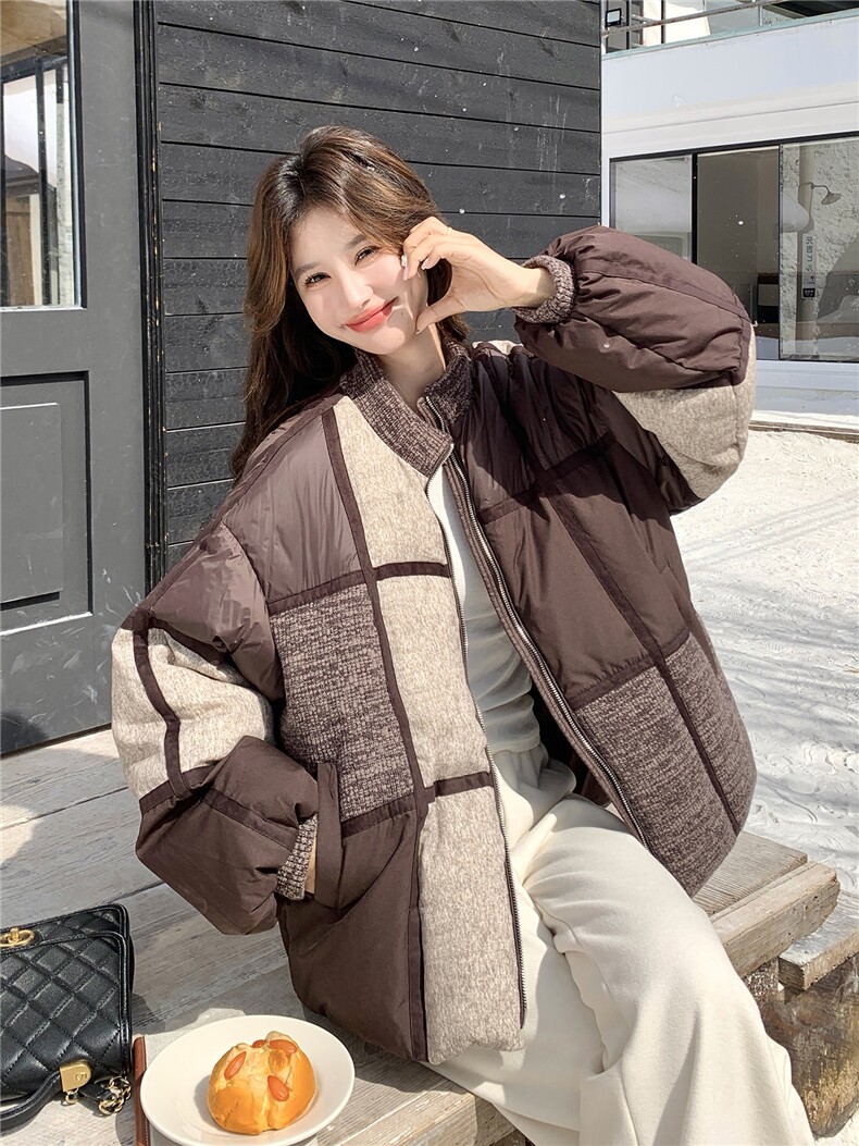 现货拼色羽绒服女冬短款小个子2025年新款今年流行设计感小众拼接,女装羽绒服,琦鑫阁（原依鑫阁）
