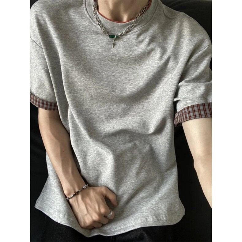 TXY44LL-P37cleanfit美式复古格子拼接短袖t恤高级感小领口半袖,男装T恤,星座1007（原301D）