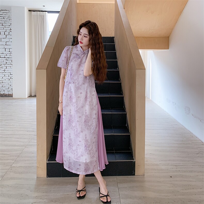 紫粉色碎花新中式国风连衣裙女夏2025新款超火巨好看改良款旗袍,女装连衣裙,欧黛芙妮