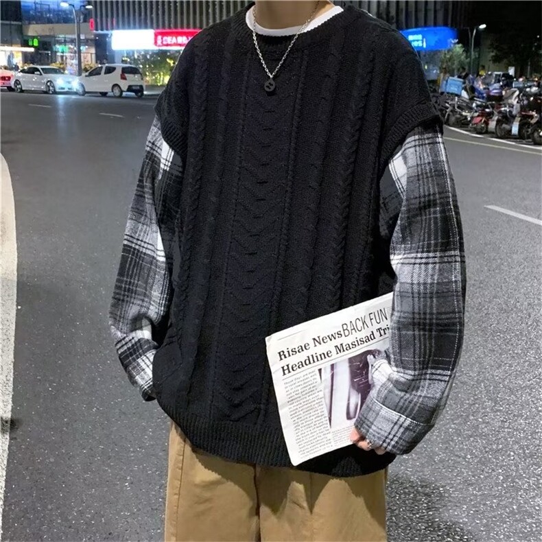 假两件毛衣男加厚格子拼接针织衫男秋冬季韩版潮流上衣 M867-P44图片