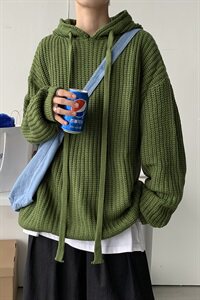 20秋冬港风连帽针织衫毛线衣中性情侣纯色宽松外套潮 W01/P70图片
