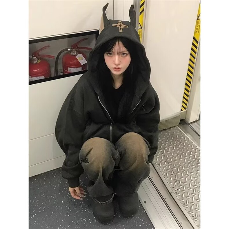 2024不计后果德文猫杜宾犬连帽加绒卫衣女秋冬美式复古狗耳朵外套,男装卫衣,星座506A
