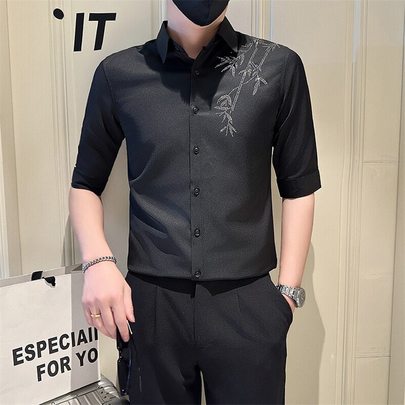 店主风社会小伙男烫砖高级感七分袖衬衫男衬衣301A-1/CS564/P55图片