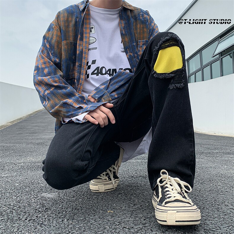 B221美式ins高街暗黑小众修身小脚破洞牛仔裤LK23012-P60控78,男装牛仔裤,电商B221