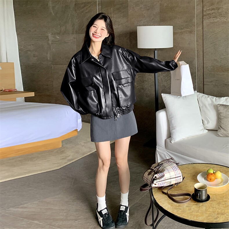 《48H发》翻领美拉德机车宽松皮衣短外套,女装皮衣,辰辰家