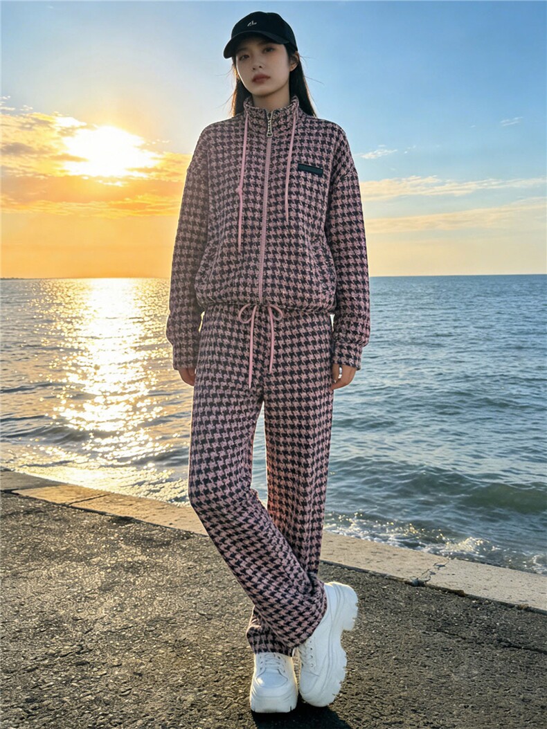 休闲运动套装女春新款粉色千鸟格抽绳立领上衣直筒长裤两件套显瘦,女装套装/套裙,江南