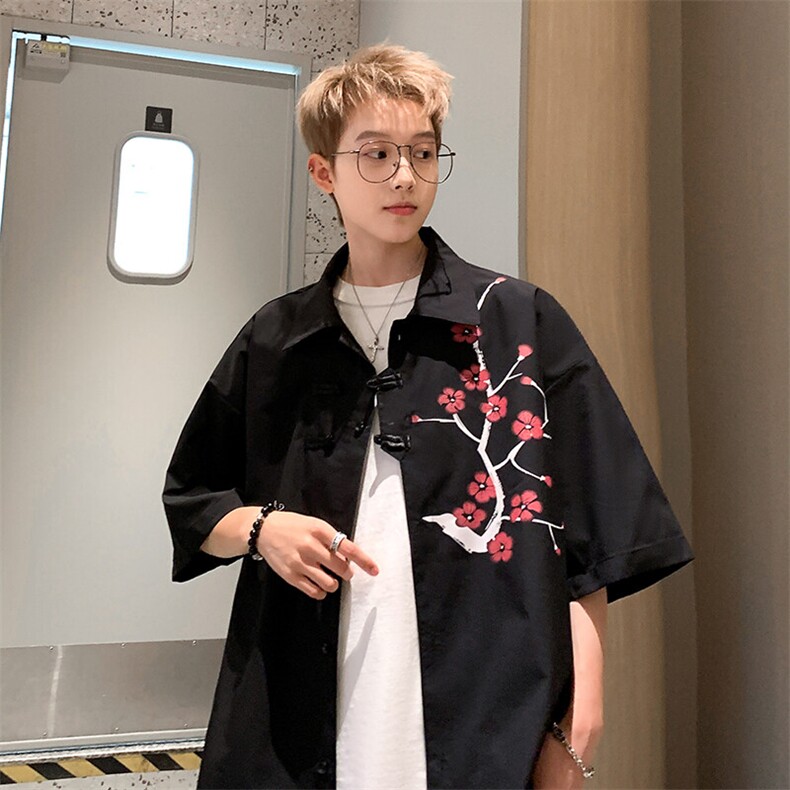2026夏潮新中式梅花图印花盘扣短袖五分袖衬衫CS080/特P35黑色2,男装衬衫,电商A094