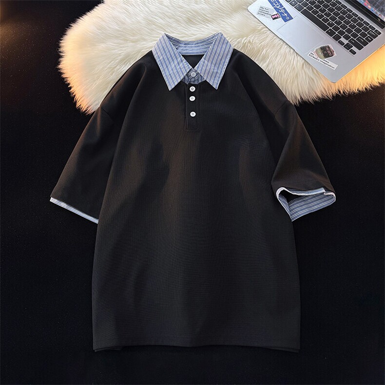 8XL-M假两件衬衫领短袖T恤大码夏季条纹拼接polo衫半袖DX1211/P45,男装Polo衫,电商B238