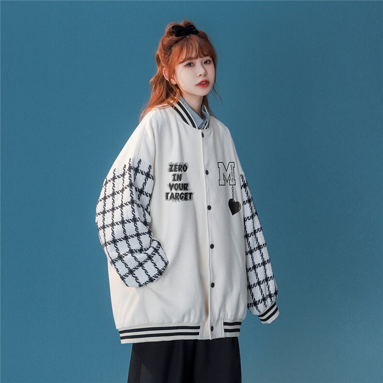 中性风模糊字母锁链爱心棋盘格拼接棒球服G706P85控98,女装职业装,A247A