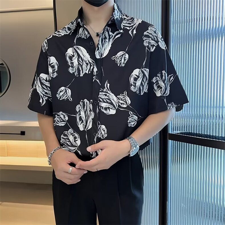 夏季夏威夷风气质印花衬衫男短袖韩版设计感痞帅垂感衬衣 C3022图片