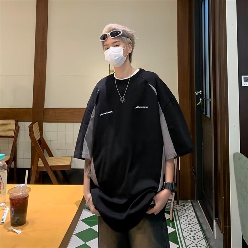 夏季新款短袖T恤撞色拼接字母印花宽松休闲上衣,男装T恤,星座410-7