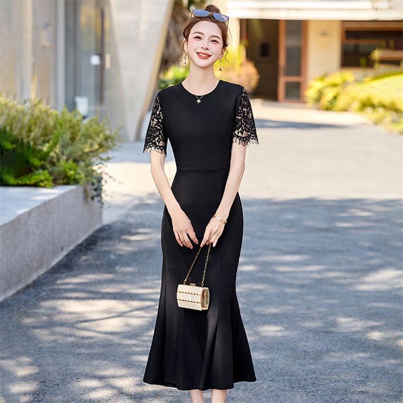 法式蕾丝拼接连衣裙女2025年夏装新款气质名媛修身黑色包臀鱼尾裙,女装连衣裙,布芭啦