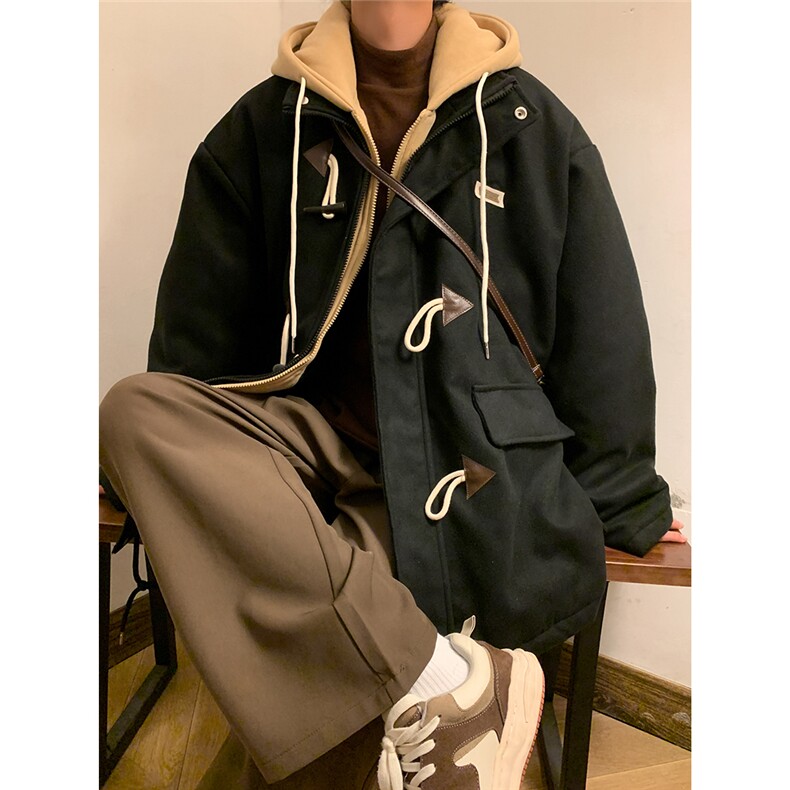 EQ160主推 冬季加厚棉衣男假两件牛角扣撞色毛呢外套呢子大衣P148图片