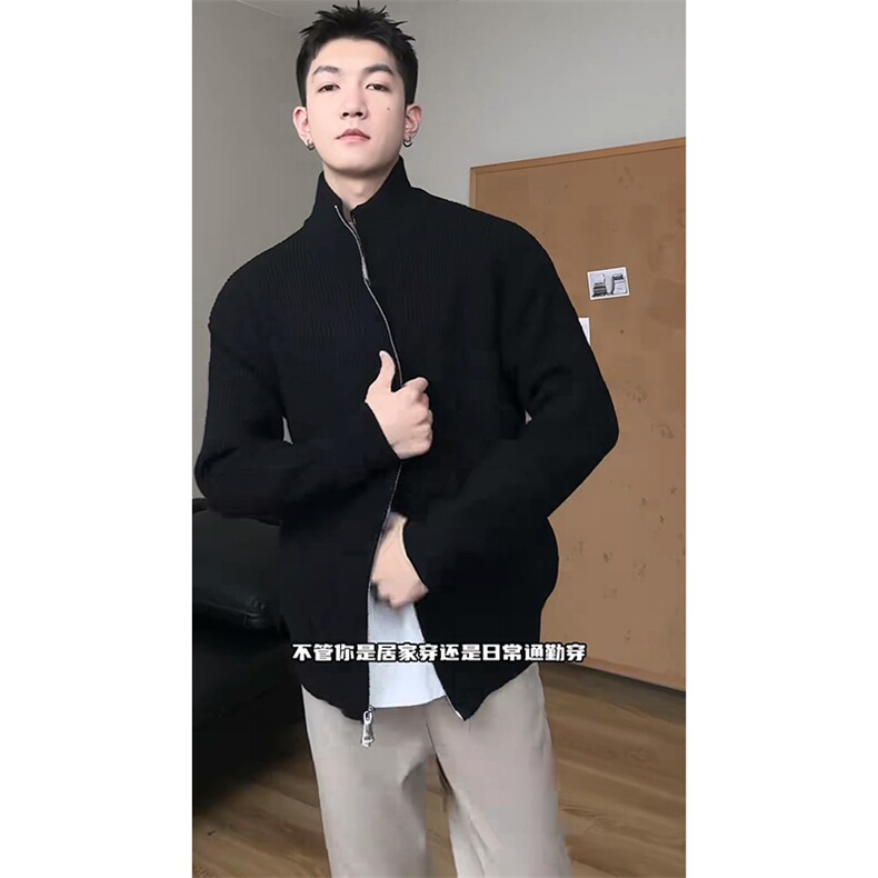 重磅秋冬北极绒双拉链毛衣开衫美式复古休闲慵懒风宽松针织衫外套,男装针织衫/毛衣,电商A486-1