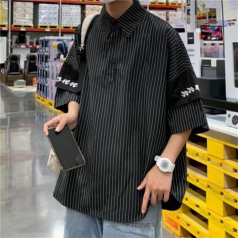 夏季五分袖休闲宽松条纹翻领衬衫C752p35,男装衬衫,星座1013