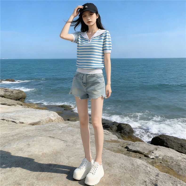 时尚简约套装女夏季新款洋气减龄蓝色翻领条纹上衣牛仔短裤两件套,女装套装/套裙,江南