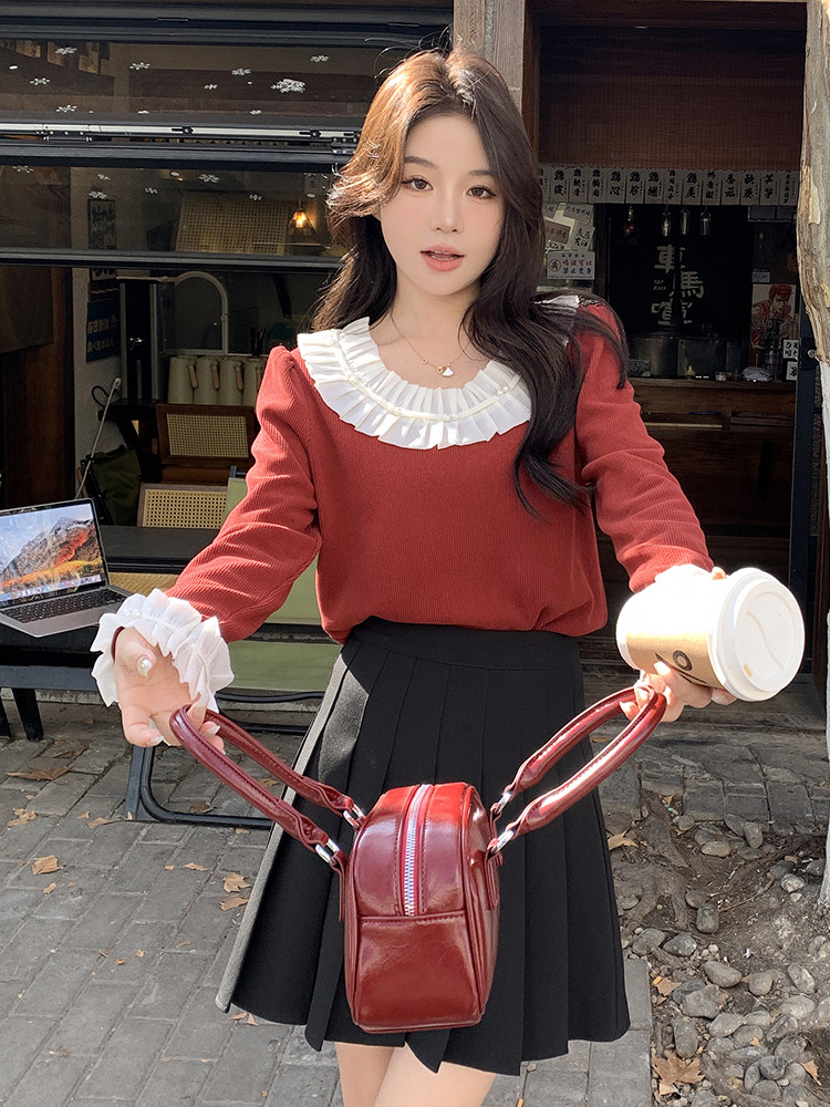 时尚百搭花边领长袖针织衫甜美可爱显瘦上衣秋季必备单品,针织衫/毛衣,鑫慧