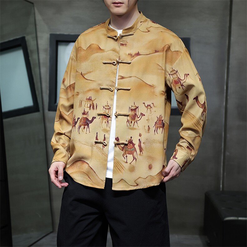 新中式春夏新品{敦煌壁画}数码印花风立领长袖唐装衬衫31219图片