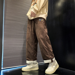 灯芯绒运动裤男秋冬季ins潮牌日系宽松阔腿裤加绒加厚休闲裤K50图片