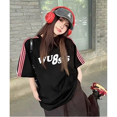 抖音得物品质二开240克宽松纯棉美式潮牌印花三条杠中性风短袖T恤，男装T恤，电商A486