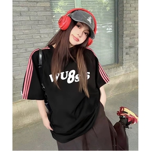 抖音得物品质二开240克宽松纯棉美式潮牌印花三条杠中性风短袖T恤图片