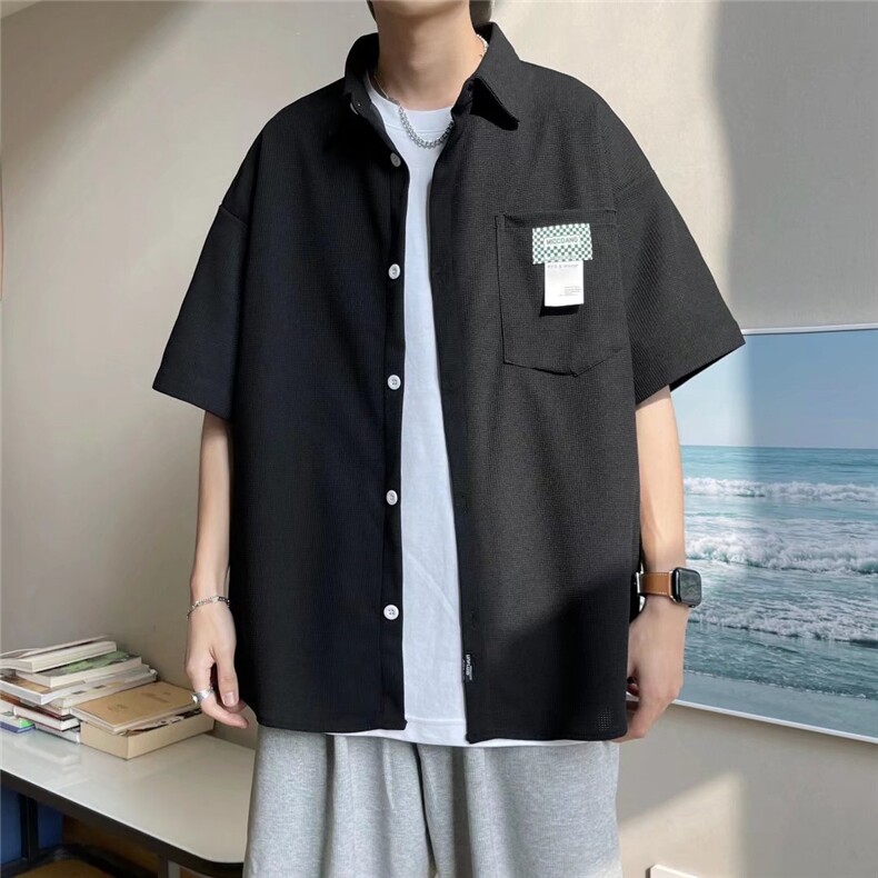 简约2023夏季短袖衬衫男士夏季薄款华夫格绣标衬衣C4026P30,男装衬衫,星座1116-2