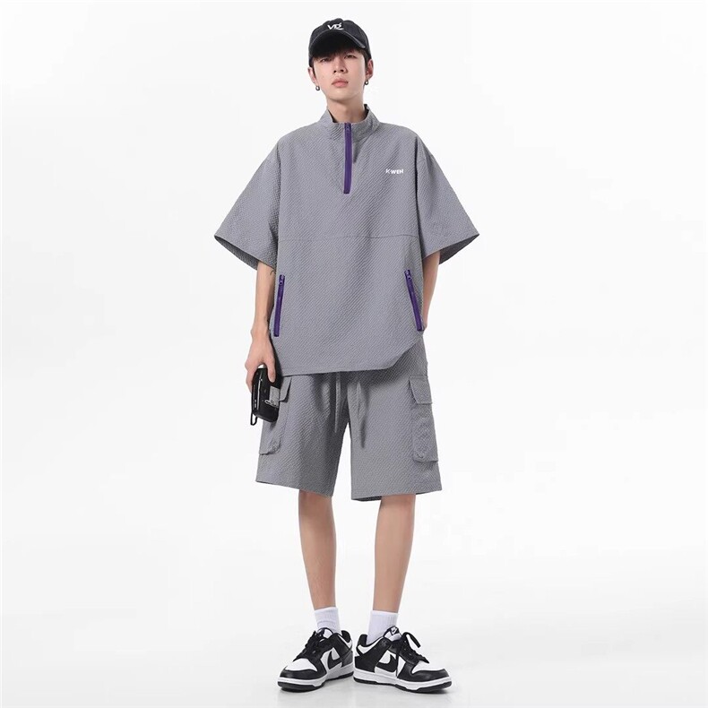 泡泡纱立领短袖短裤两件套男生夏季薄款速干休闲运动套装TZ115,男装防晒衣,电商D315