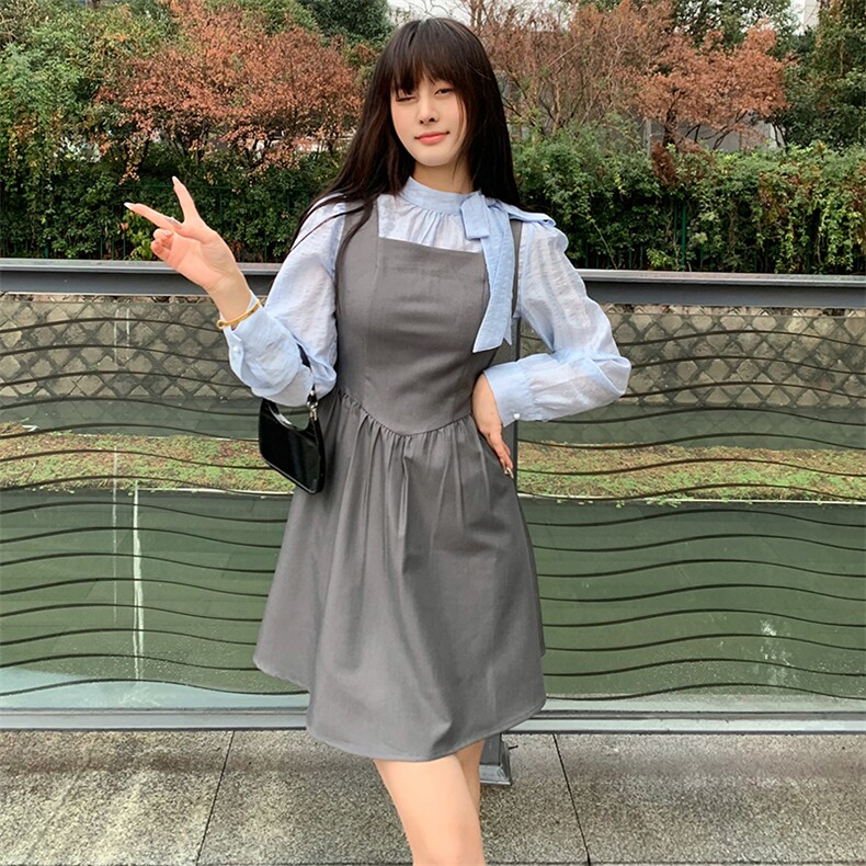 现货2024年春女时尚甜美法式蝴蝶绑衬衫网红气质显瘦背心裙两件套,女装套装/套裙,煊芮熙