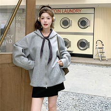 灰色简约连帽拉链卫衣女2025秋新款韩版设计感宽松减龄小个子外套，女装大码女装，浙宝208