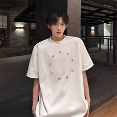 重磅垫肩圆领夏季小众T恤美式金属装饰星星短袖920P40，男装T恤，电商A458A