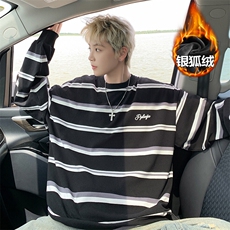 薄款改加绒特批P50无差价冬加绒加厚条纹卫衣长袖T恤男T1701J加绒，男装T恤，电商A001-1