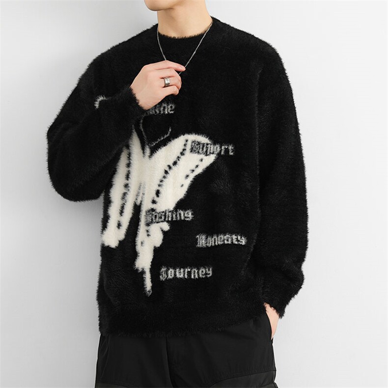 一只蝴蝶潮牌圆领毛线衫青少年宽松保暖针织外套MY24903P70图片