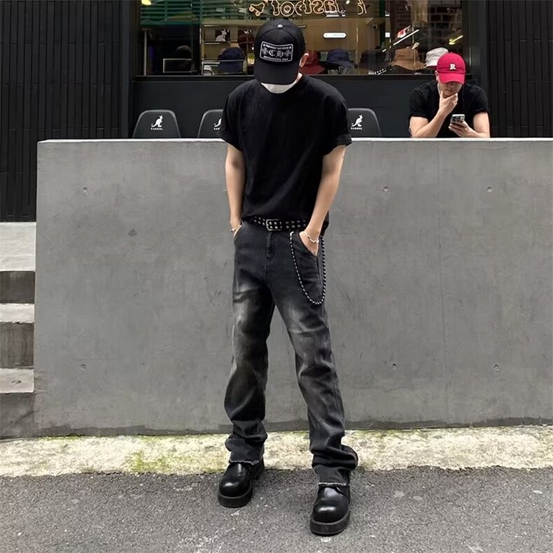 得物品质夏男牛仔裤渐变色流苏开叉拉链直筒宽松长裤NK88P65,男装牛仔裤,星座1013-1