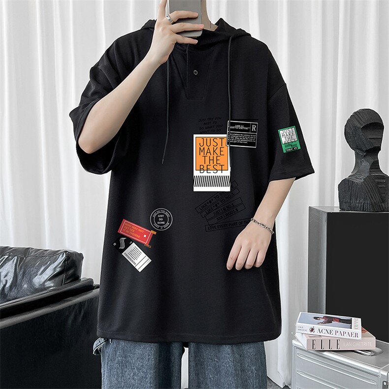 LD54121-P45连帽短袖t恤男大码胖子带帽五分袖中袖,男装T恤,电商A040