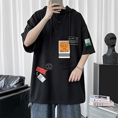 LD54121-P45连帽短袖t恤男大码胖子带帽五分袖中袖，男装T恤，电商A040