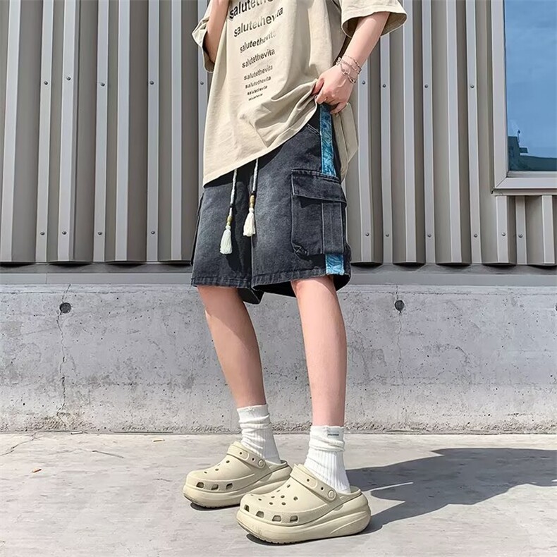中式工装牛仔短裤男款夏潮风复古拼接中裤休闲五分裤BM1152P47,男装牛仔裤,星座1013-5