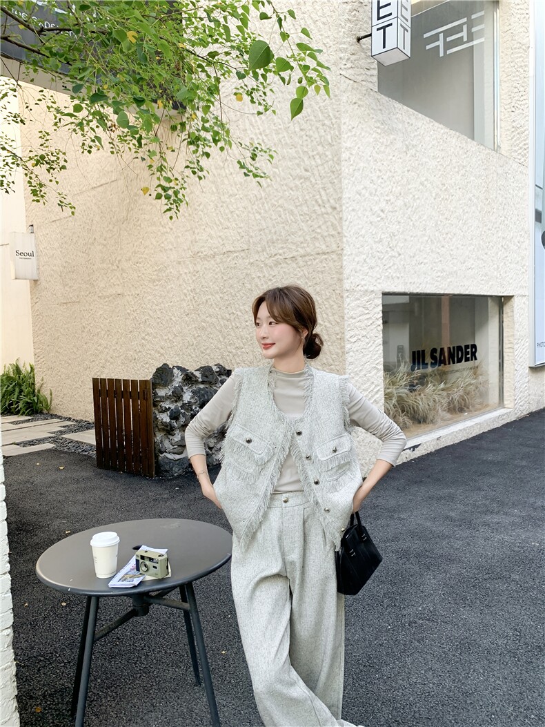小香风流苏马甲阔腿裤套装女春秋法式气质优雅三件套,女装套装/套裙,2C269